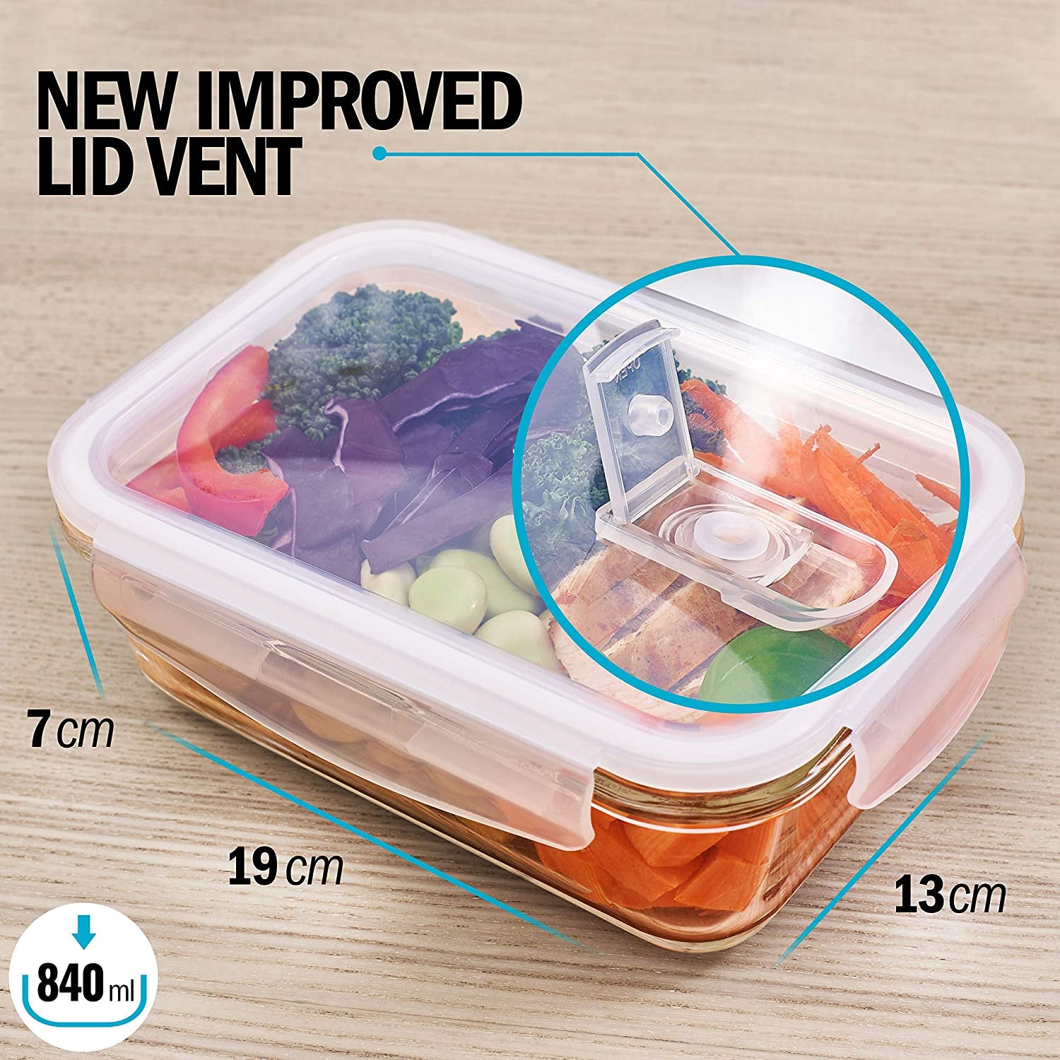 Glass Containers with Transparent, Steam Vent Lids - Airtight Portion Control Food Storage - BPA Free - Microwavable, Dishwasher and Oven Safe [5 Pack + 1 Spare Lid]