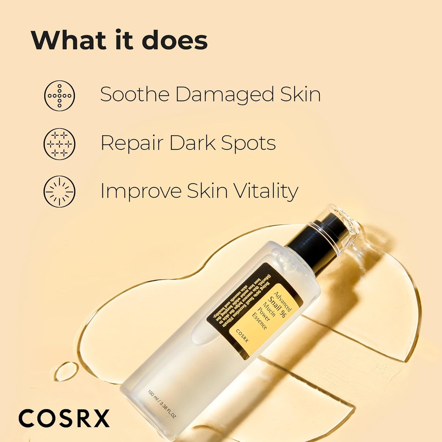 COSRX Snail Mucin 96% Power Repairing Essence 100Ml, Hydrating Serum for Face with Snail Secretion Filtrate for Dull Skin & Fine Lines, Korean Skincare