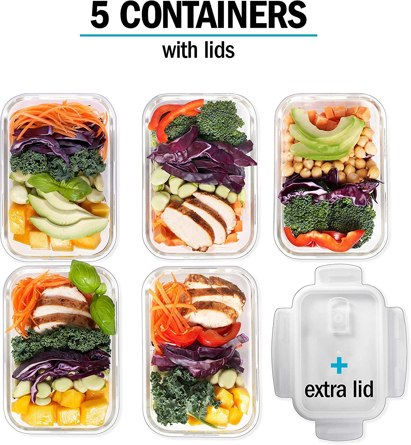 Glass Containers with Transparent, Steam Vent Lids - Airtight Portion Control Food Storage - BPA Free - Microwavable, Dishwasher and Oven Safe [5 Pack + 1 Spare Lid]