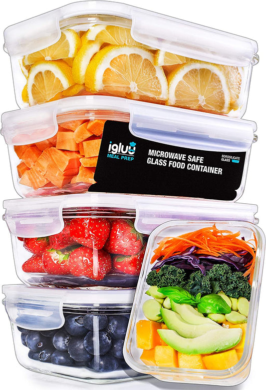 Glass Containers with Transparent, Steam Vent Lids - Airtight Portion Control Food Storage - BPA Free - Microwavable, Dishwasher and Oven Safe [5 Pack + 1 Spare Lid]